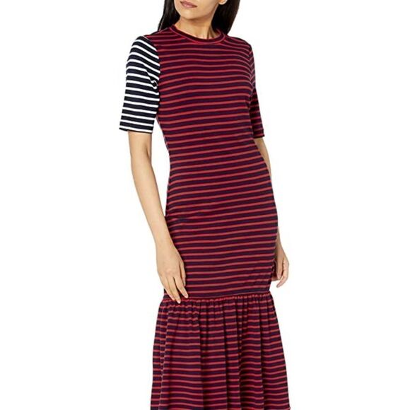 Cynthia Rowley Red/Blue Striped Maxi Dress Ruffle Bottom Sz S - Picture 1 of 10